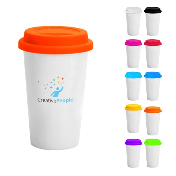 16 Oz. White Double Wall Ceramic Tumbler W/ Colorful Silicon