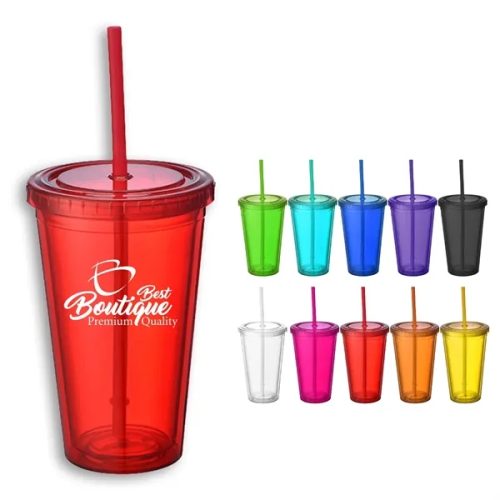 16 Oz. Acrylic Double-Wall Reusable Cup With Lid And Straw