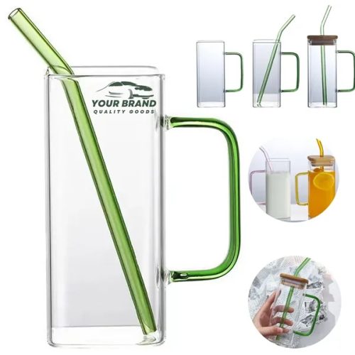 13.5OZ.Water Beverage Clear Glass Cups Pot w/Straw&Lid