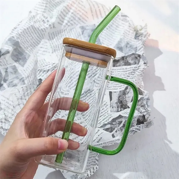 13.5OZ.Water Beverage Clear Glass Cups Pot w/Straw&Lid